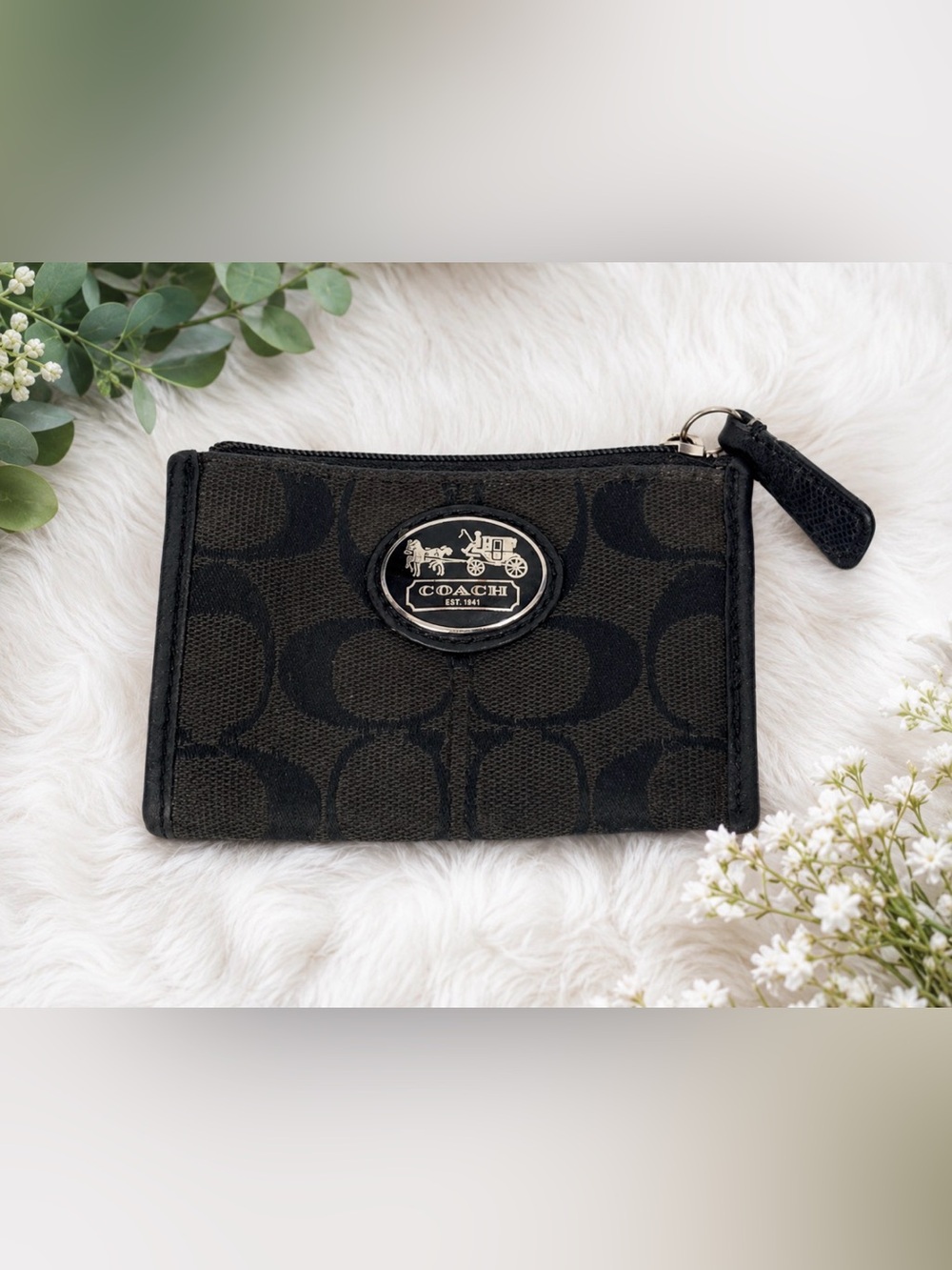 Coach Black Signature C Logo Zip Coin Purse Wallet Wristlet Pouch